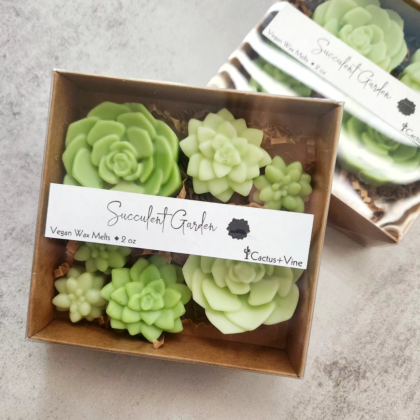 A packaged box of green, succulent-shaped wax melts, elegantly arranged on crinkled brown paper, showcasing a Cactus Vine branded label.