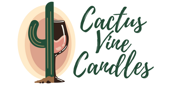 Cactus Vine Candles logo featuring a stylized cactus intertwined with a wine glass, accompanied by the brand name written in cursive green text.