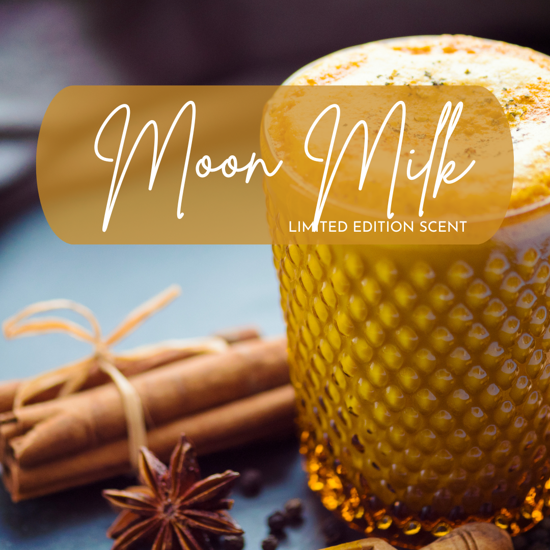 Glass of moon milk with spices and a label indicating 'Limited Edition Scent'.