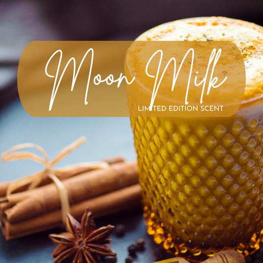 Glass of moon milk with spices and a label indicating 'Limited Edition Scent'.