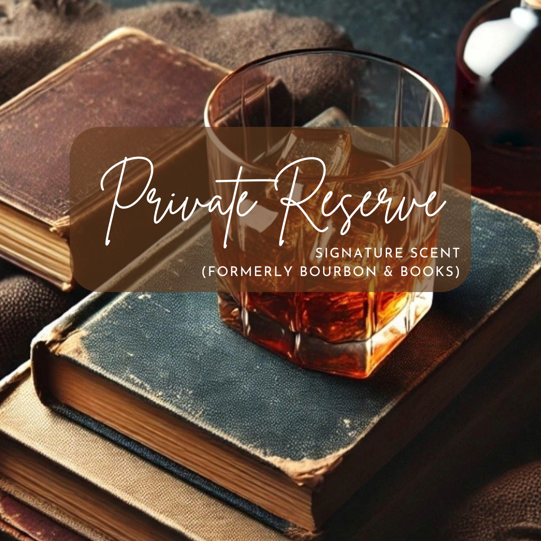 Glass of whiskey on vintage books with 'Private Reserve' branding