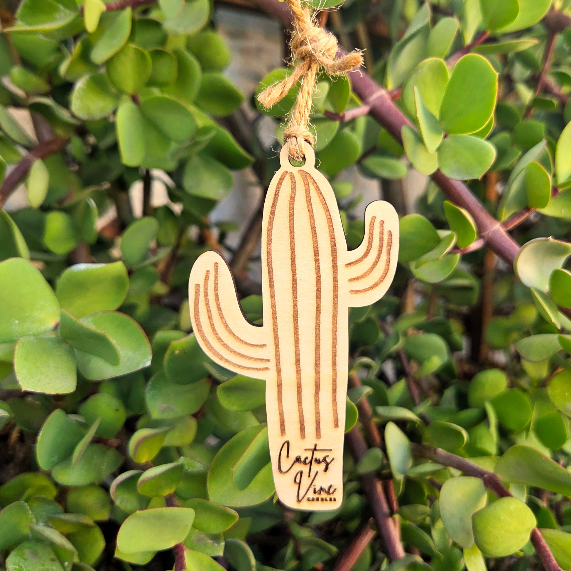 Reusable, Wooden cactus shaped air freshener hanging on a branch with green leaves.