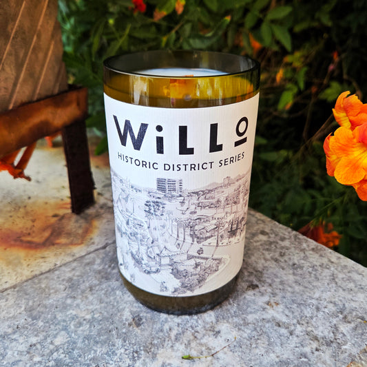 Wine Bottle CAndle saying Willo historic district series featuring black and white art of the willo district area of phoenix.