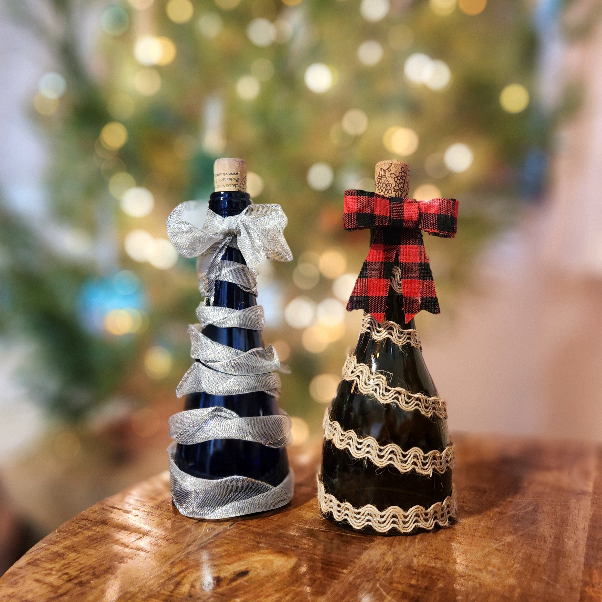 Handcrafted holiday trees made from recycled wine bottle tops. Perfect sustainable decor for tables, featuring festive ribbons and unique charm