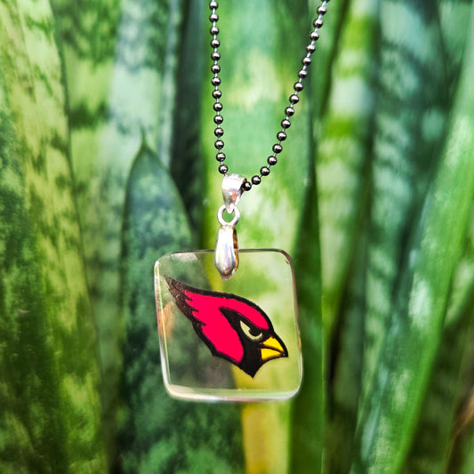 Arizona Cardinals football logo necklace made from recycled Danzeisen Dairy milk bottle glass