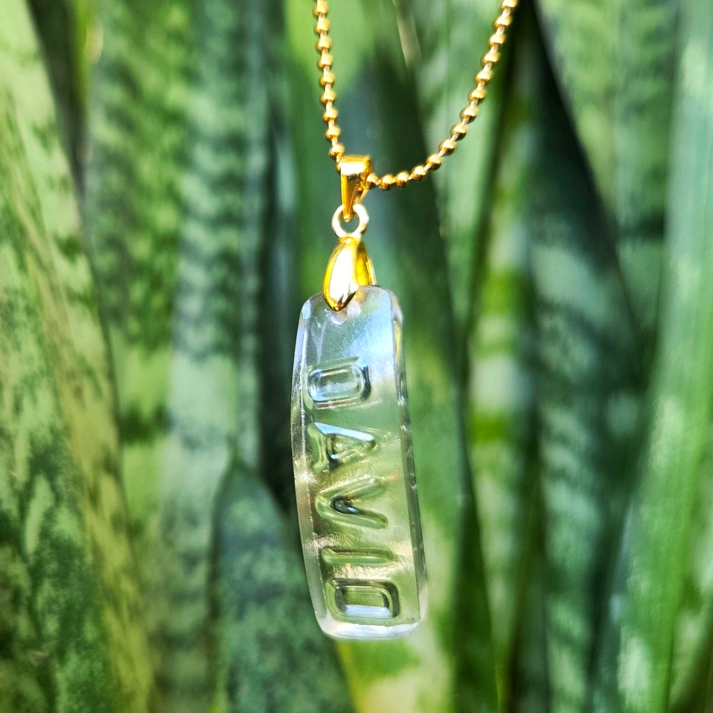 David name necklace made from clear recycled vodka bottle glass with original raised DAVID lettering
