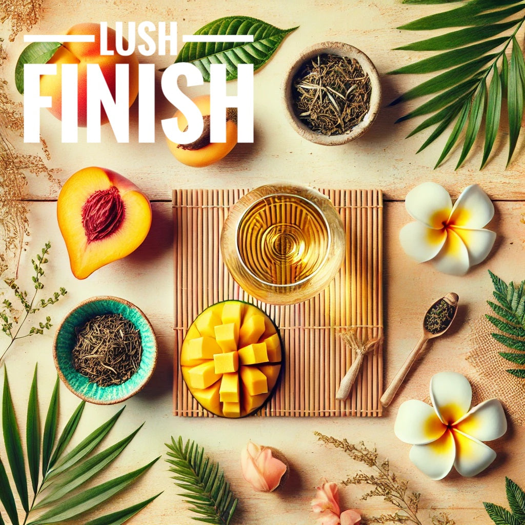 A vibrant flat lay featuring tropical-inspired elements on a wooden background. At the center, a glass of white wine sits on a bamboo mat, surrounded by fresh, colorful fruits like a whole peach, a halved peach with its seed, and diced mango. Bowls of loose tea leaves, a wooden spoon filled with tea, green foliage, and white plumeria flowers enhance the natural, refreshing vibe. The composition evokes a sense of relaxation and tropical indulgence.