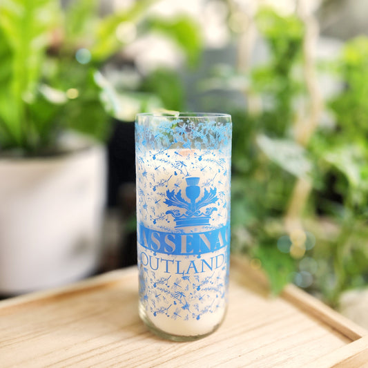 A hand-poured candle made from coconut-soy wax, housed in a recycled green wine bottle with a smooth, shiny rim. The bottle features a delicate blue floral design and the text "Sassenach Outlander," adding an elegant and vintage touch. The candle is set on a light wooden tray, surrounded by a soft-focus background of vibrant green plants, creating a serene and eco-friendly aesthetic. Perfect for showcasing sustainable, upcycled craftsmanship.







