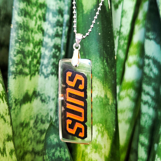Phoenix Suns basketball necklace made from recycled Danzeisen Dairy milk bottle glass with original Suns artwork