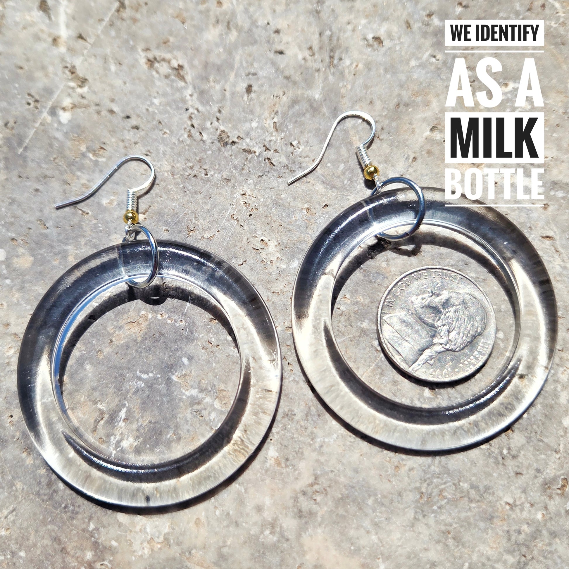 XL reclaimed milk bottle glass hoop earrings shown with a U.S. nickel for size reference