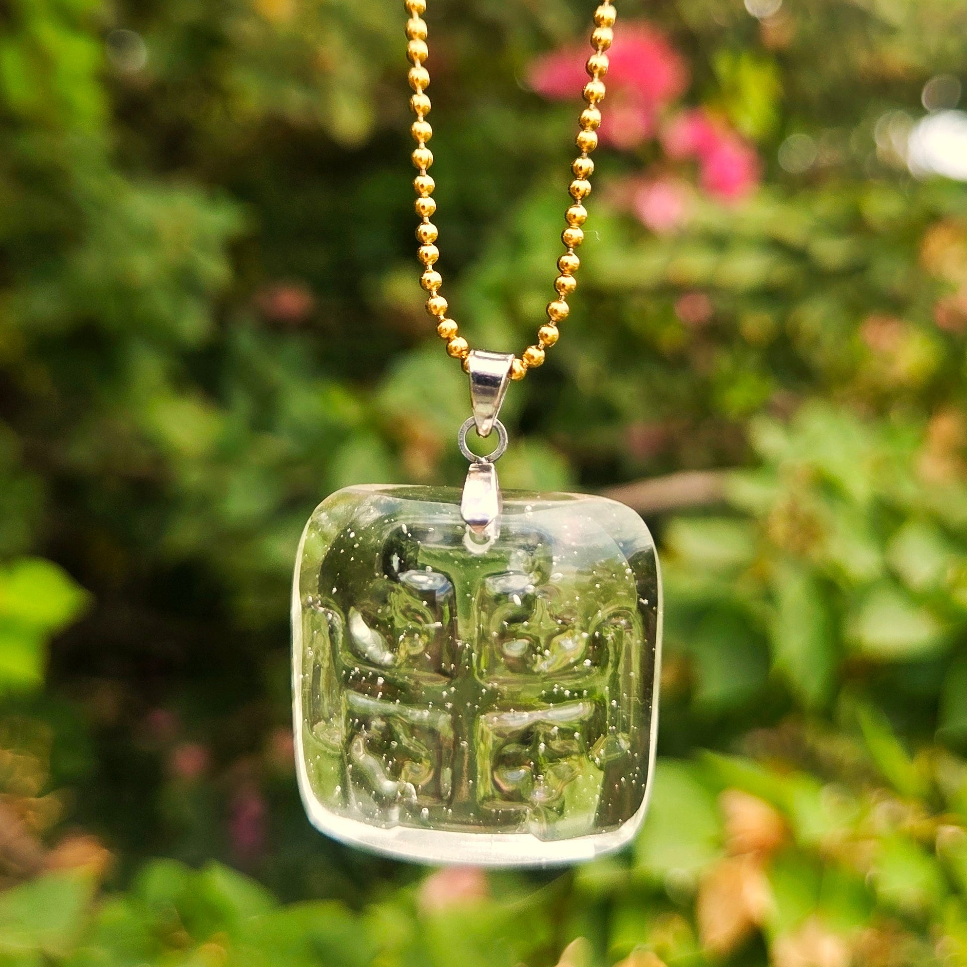 Recycled tequila bottle glass Jerusalem Cross pendant necklace on a gold ball chain