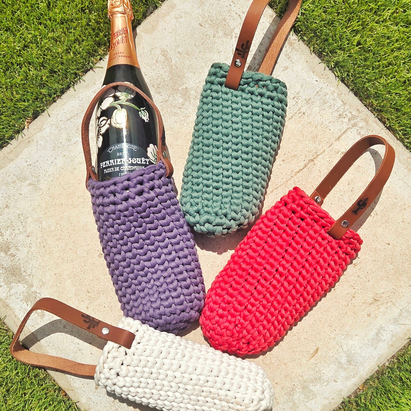 Crocheted Wine Bottle Carrier with Leather Strap | Handmade Gift Bag