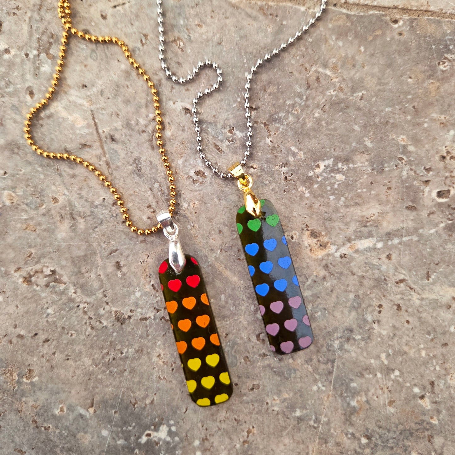 Recycled Wine Bottle Glass Rainbow Heart Necklaces | Set of 2