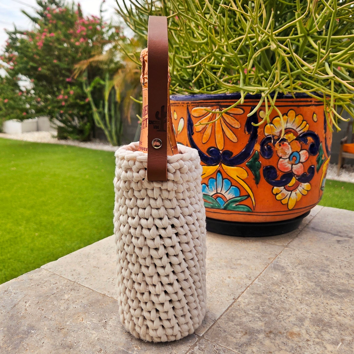 Crocheted Wine Bottle Carrier with Leather Strap | Handmade Gift Bag