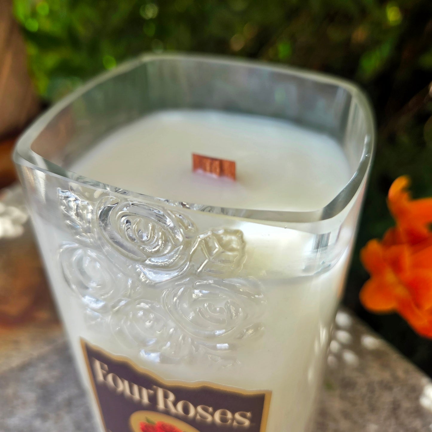 Bourbon Roses Bottle Candle | Wooden Wick & Upcycled Design | Private Reserve Scent