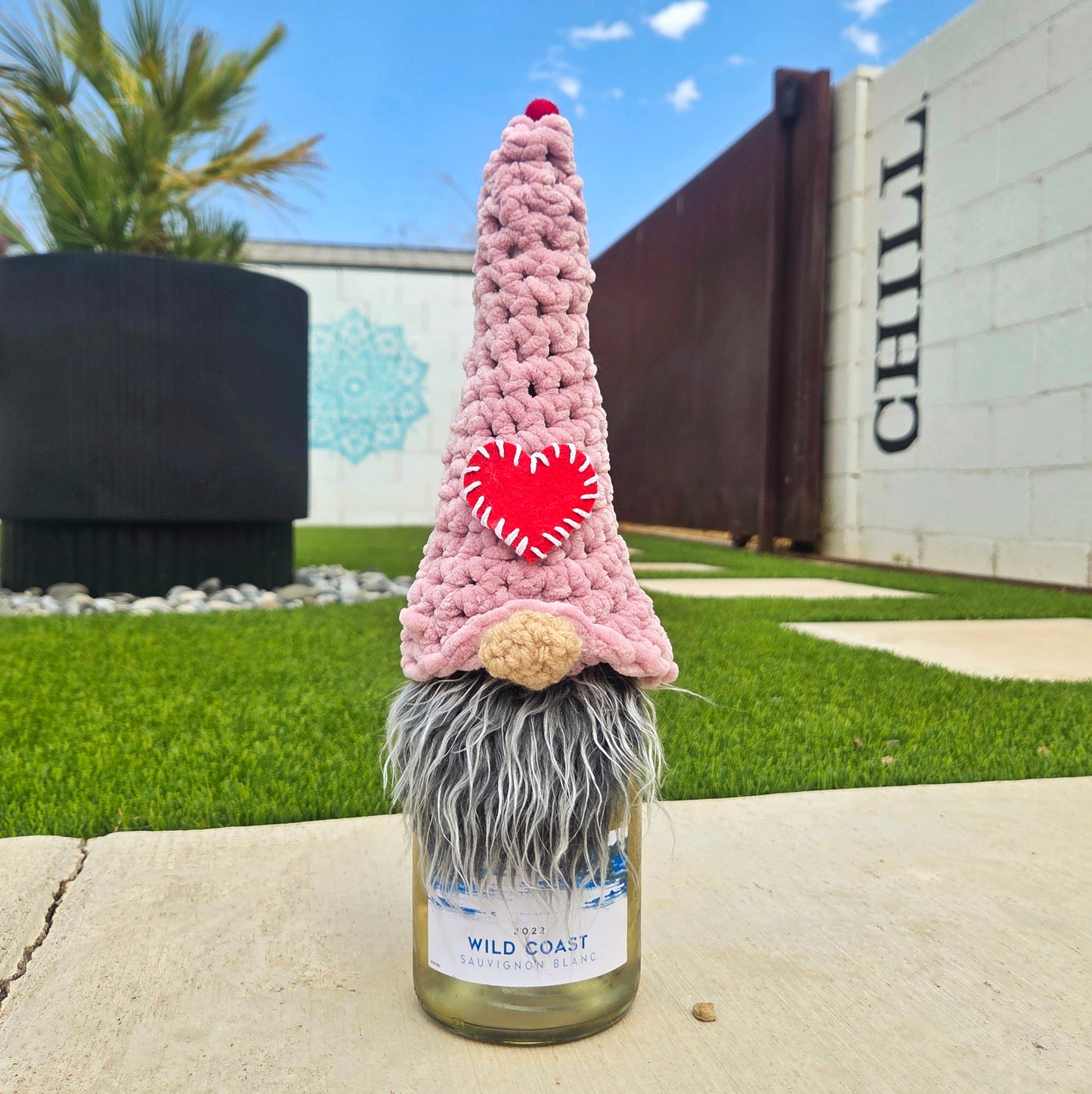 Valentine Gnome Wine Bottle Cover | Pink & Red Heart