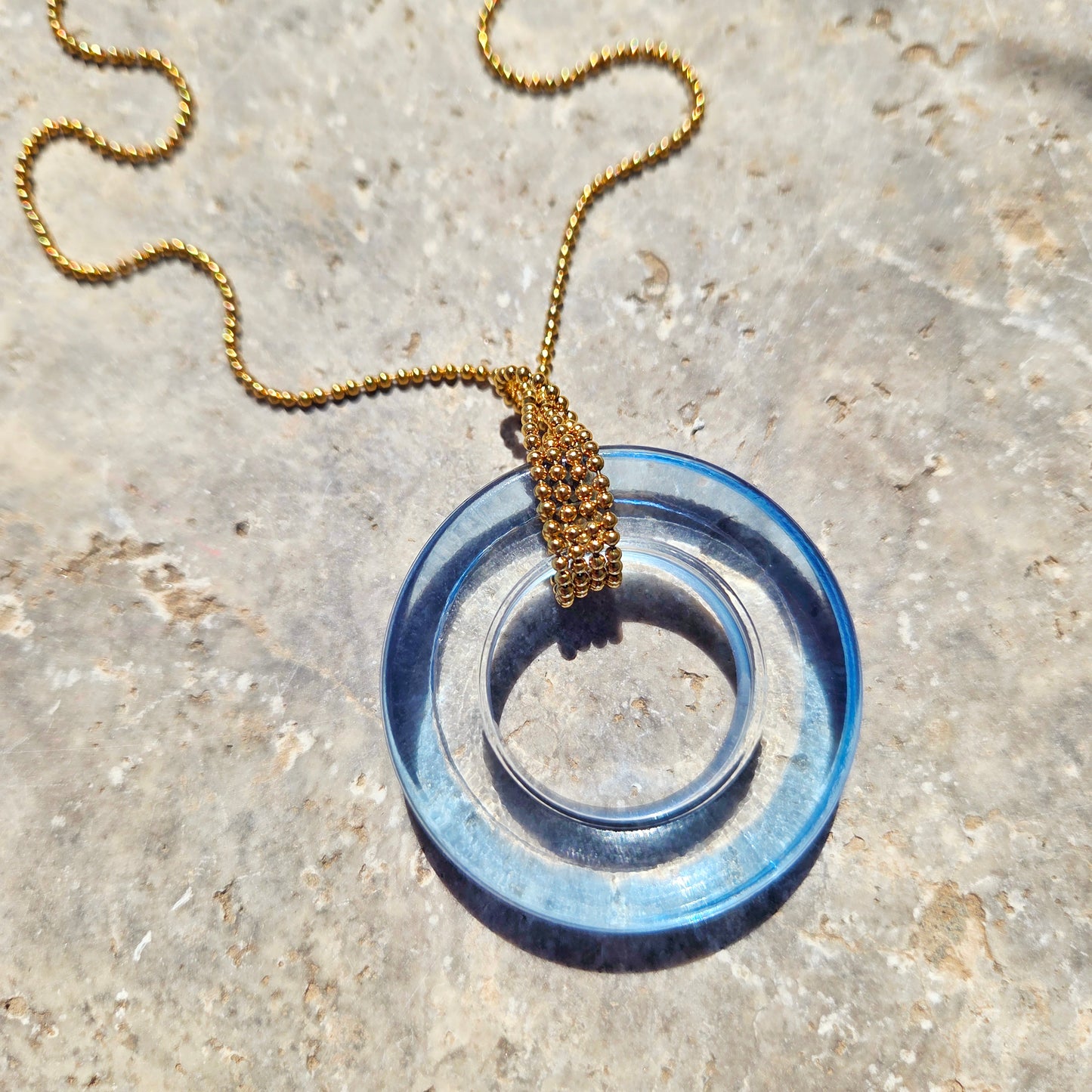 Large Pale Blue Glass Ring Necklace | Recycled Gin Bottle Pendant