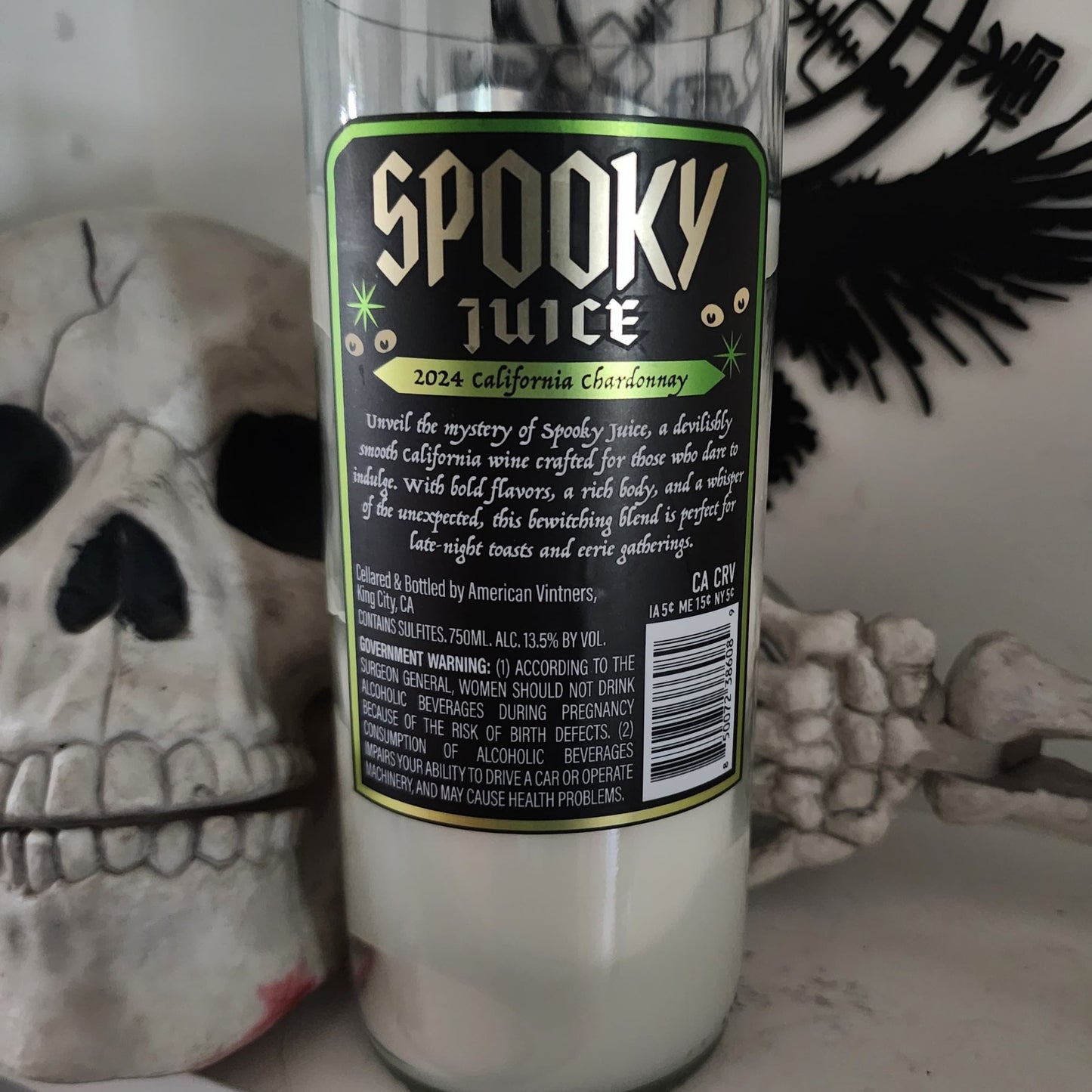 Spooky Wine Bottle Candle | Skull Label Halloween Design | Caramel Apple Scent