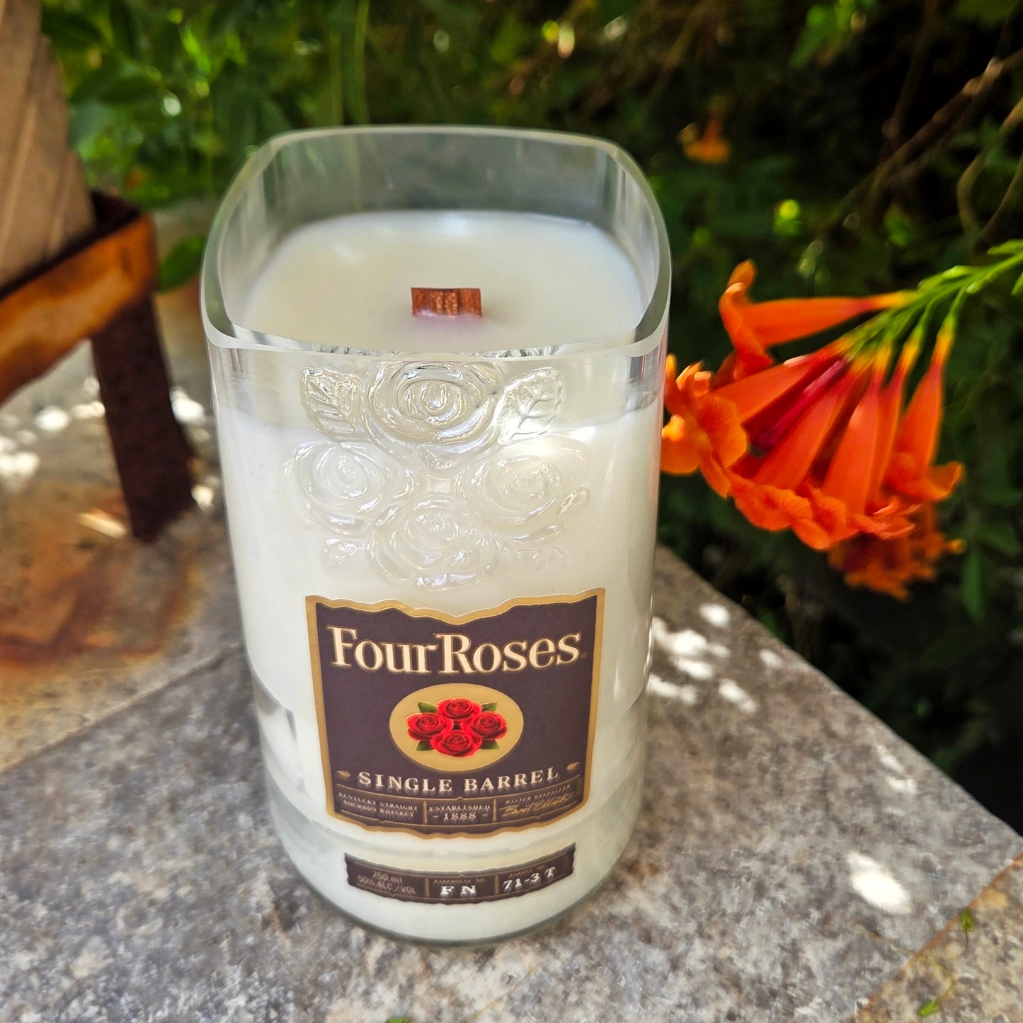 Bourbon Roses Bottle Candle | Wooden Wick & Upcycled Design | Private Reserve Scent