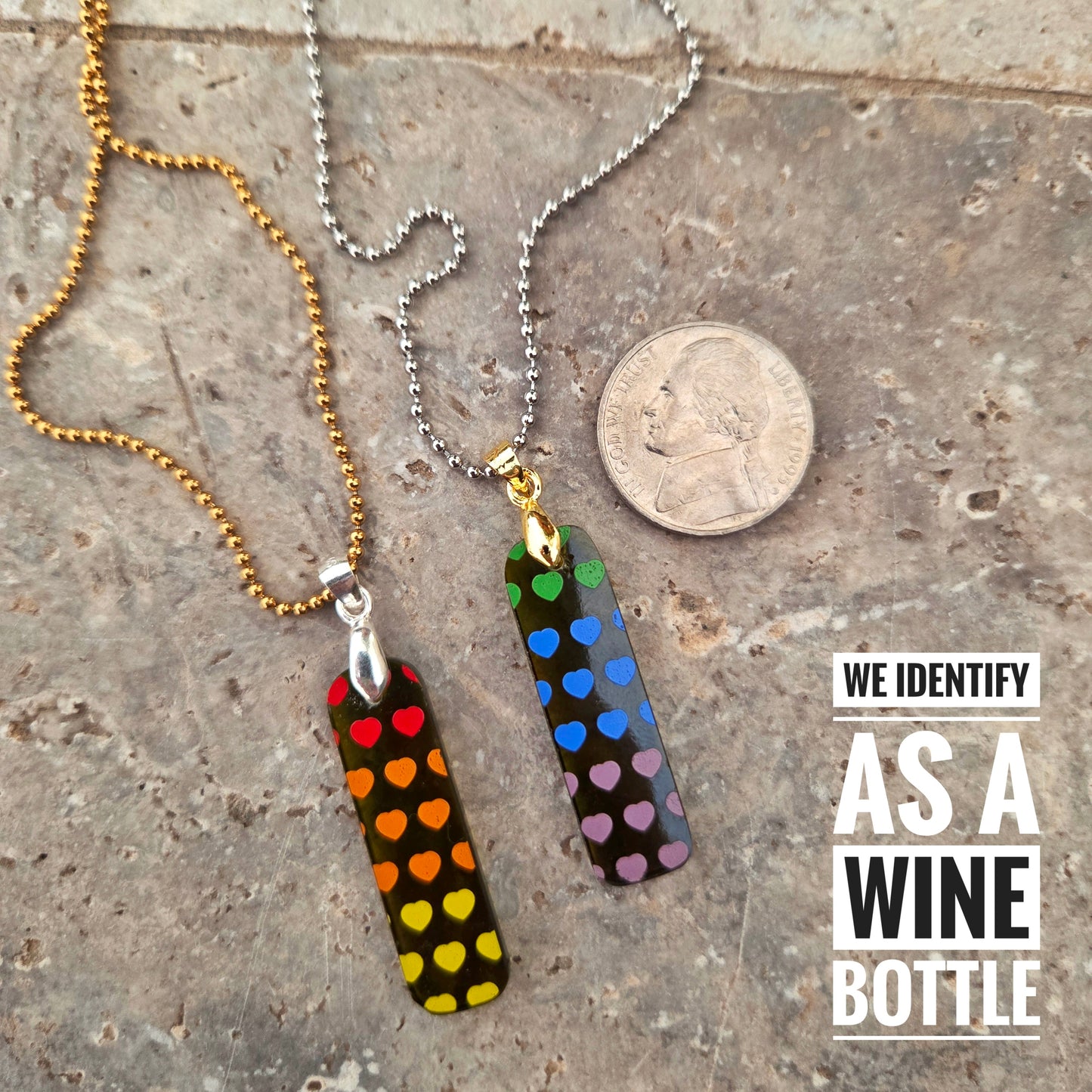 Recycled Wine Bottle Glass Rainbow Heart Necklaces | Set of 2