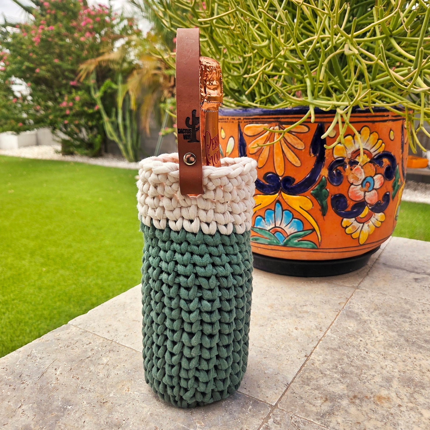Crocheted Wine Bottle Carrier with Leather Strap | Handmade Gift Bag
