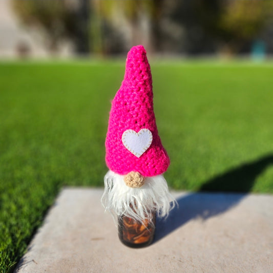 Valentine Gnome Wine Bottle Cover | Pink & White Heart