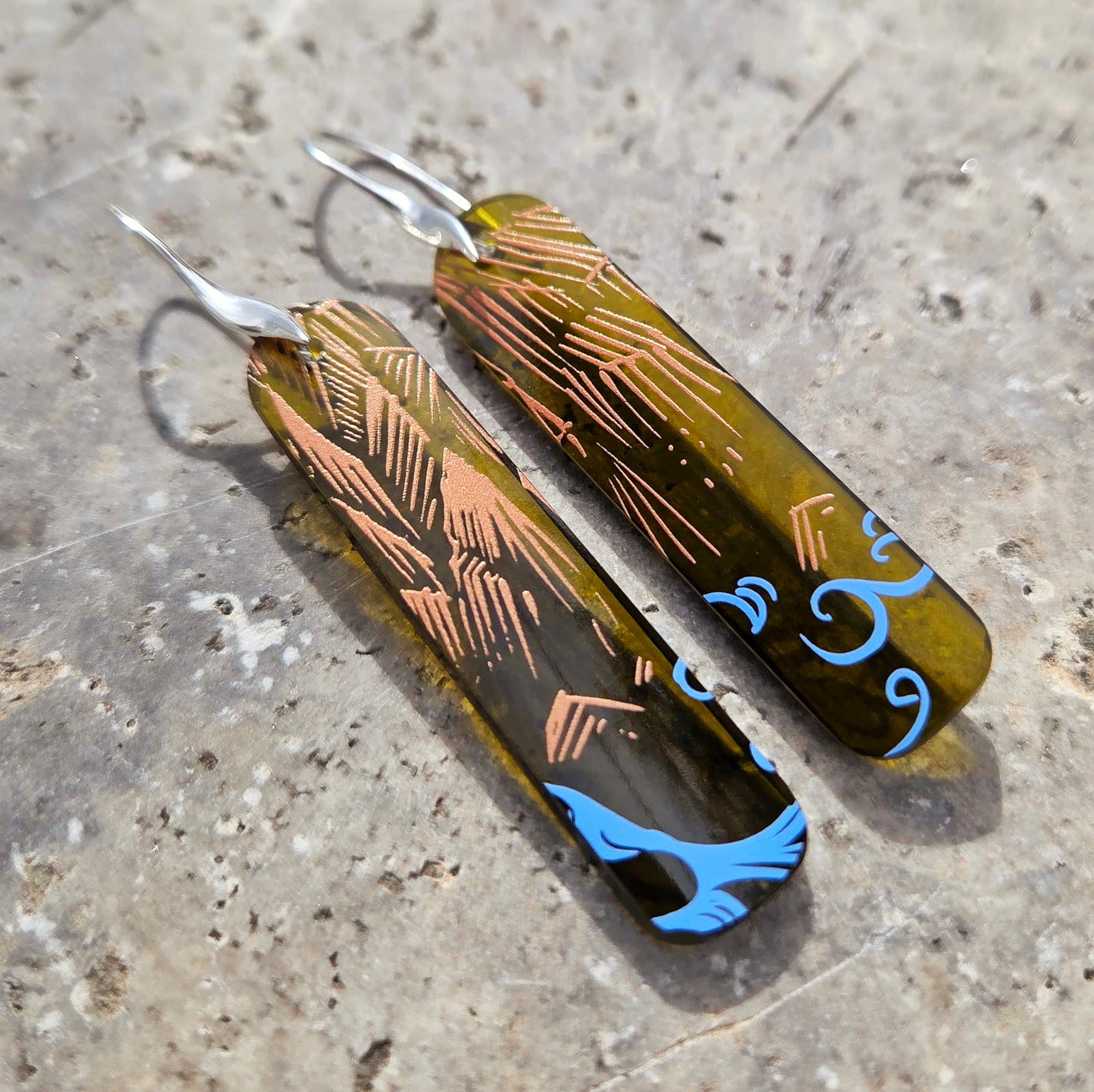 Wine Bottle Earrings | Mountain & Ocean Pattern | Sterling Silver