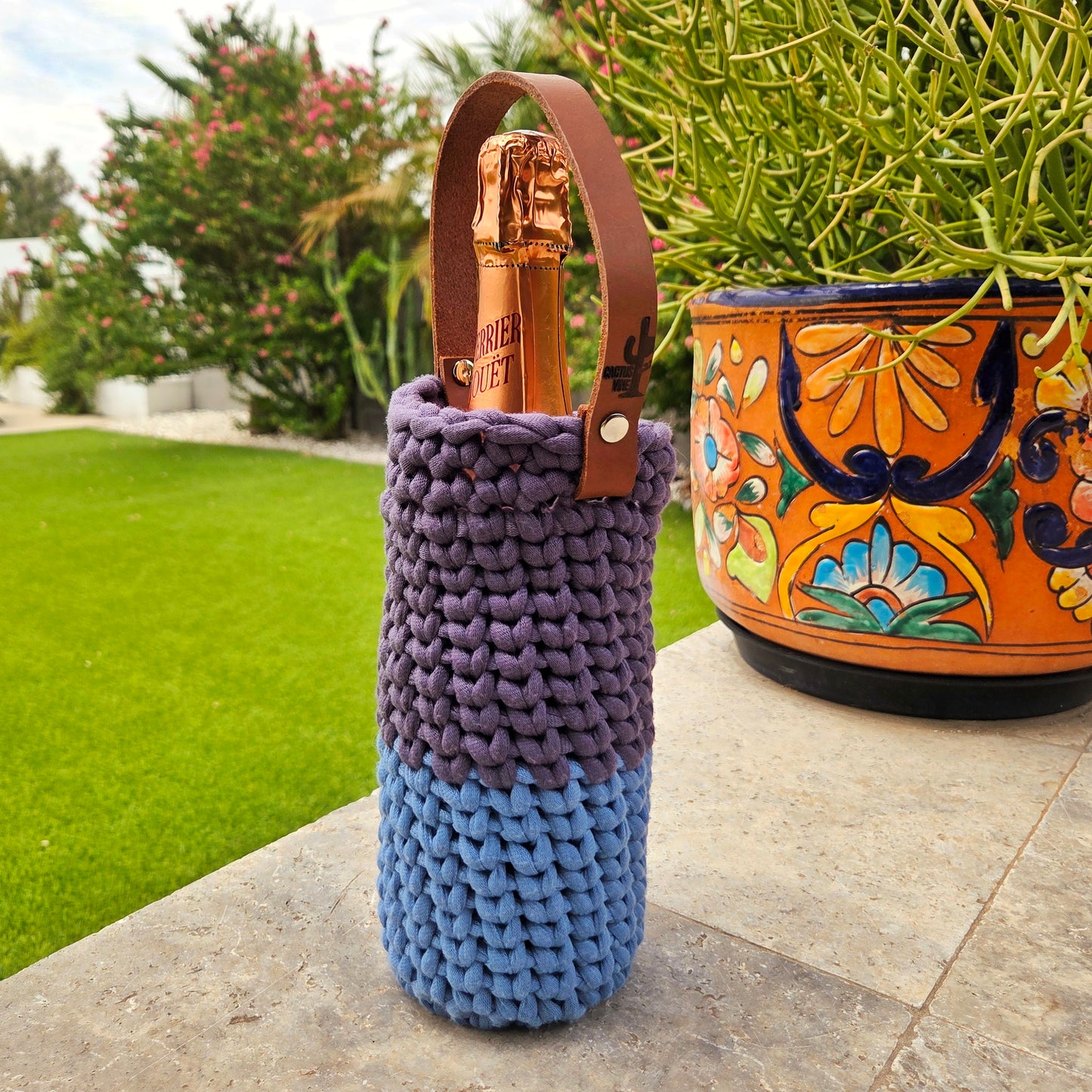 Crocheted Wine Bottle Carrier with Leather Strap | Handmade Gift Bag