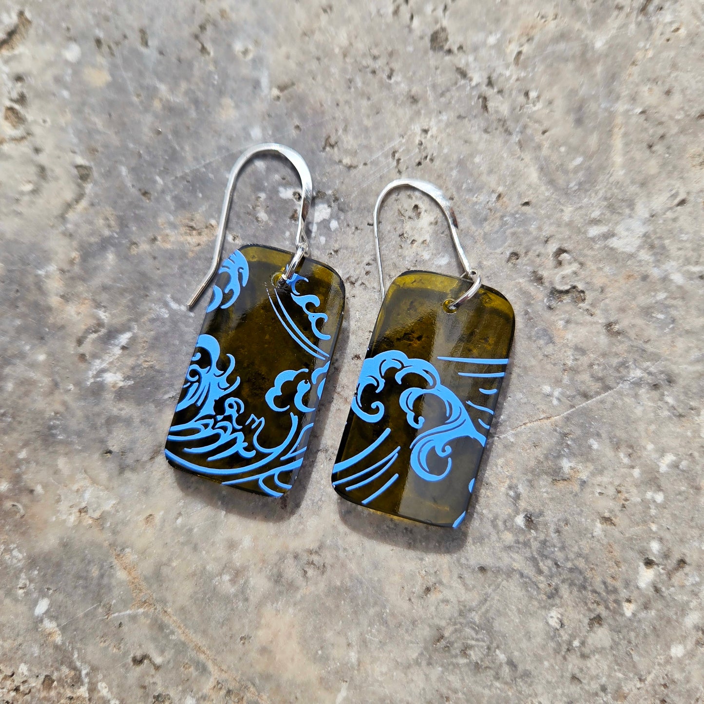 Small Ocean Wine Bottle Earrings | Reclaimed Glass | Sterling Silver