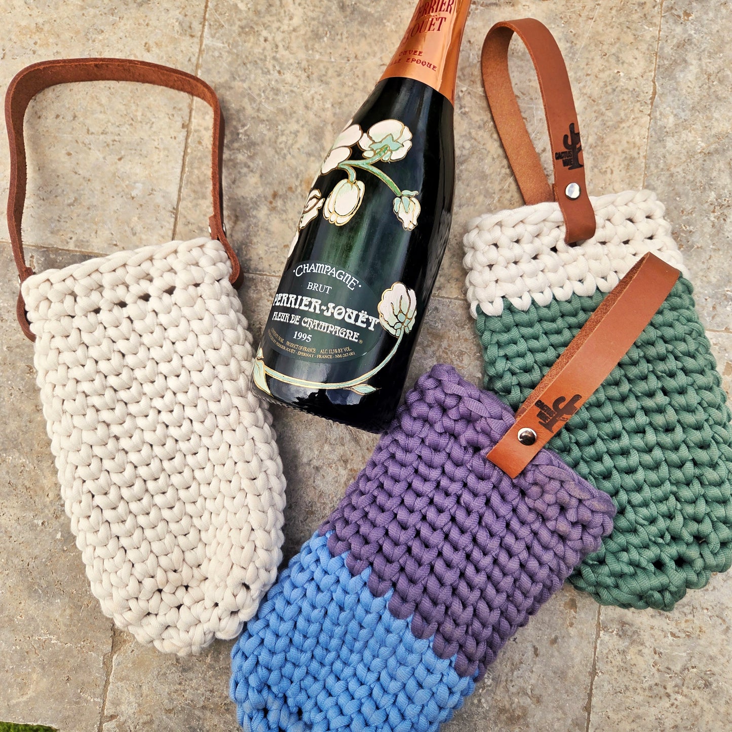 Crocheted Wine Bottle Carrier with Leather Strap | Handmade Gift Bag