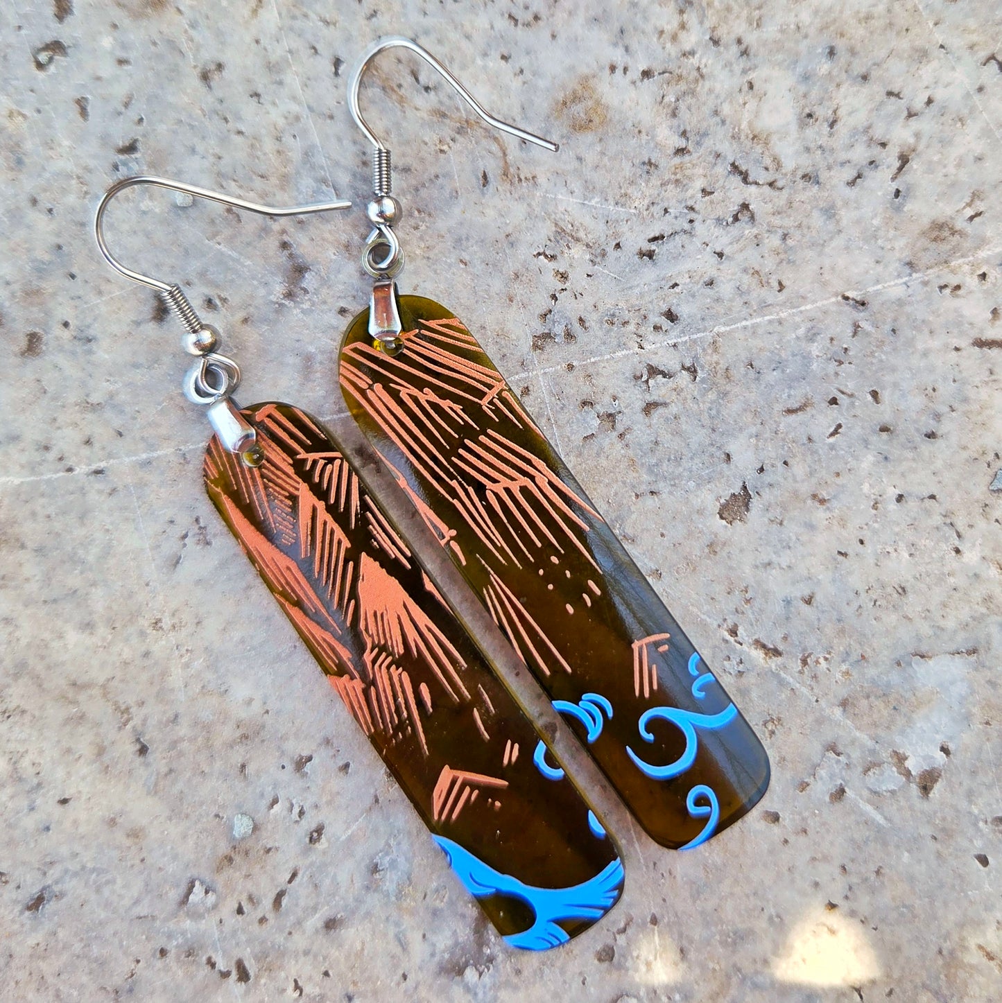Wine Bottle Earrings | Mountain & Ocean Pattern