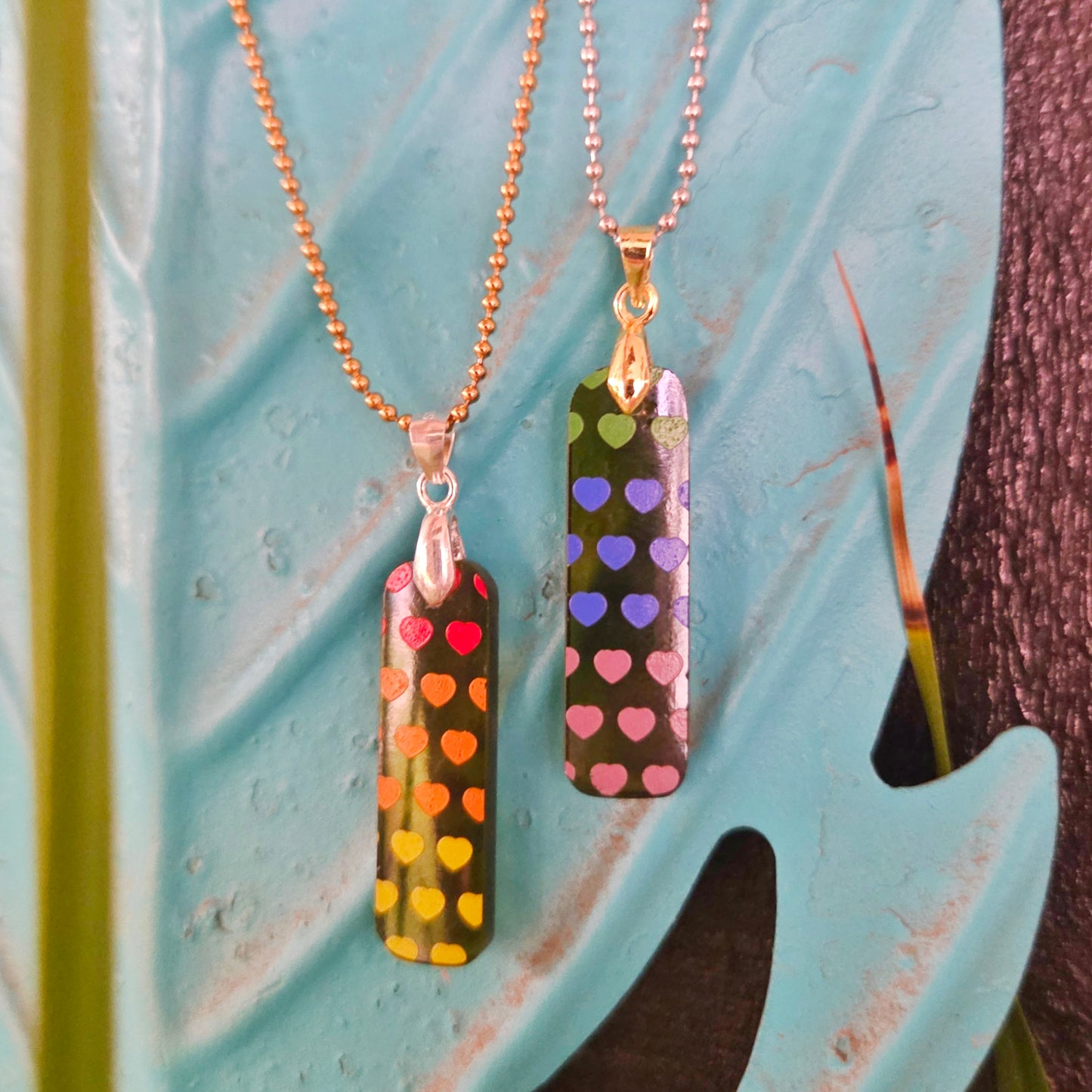 Recycled Wine Bottle Glass Rainbow Heart Necklaces | Set of 2