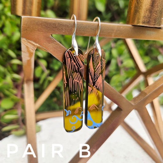 Wine Bottle Earrings | Mountain & Ocean Pattern | Sterling Silver