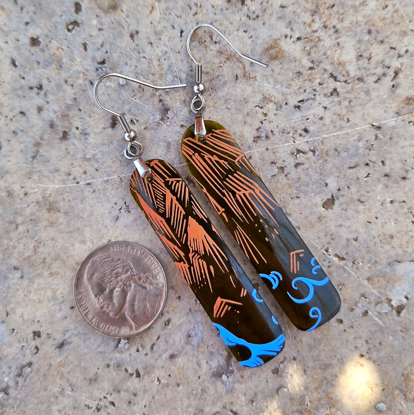 Wine Bottle Earrings | Mountain & Ocean Pattern