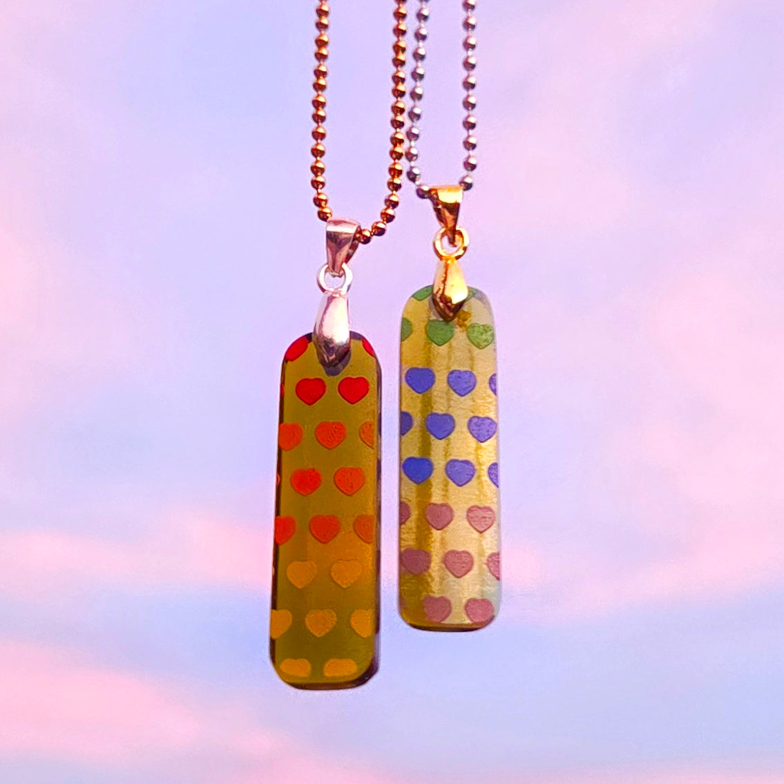 Recycled Wine Bottle Glass Rainbow Heart Necklaces | Set of 2