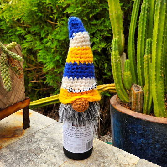 Gnome Wine Bottle Cover | Blue, White & Yellow Stripe