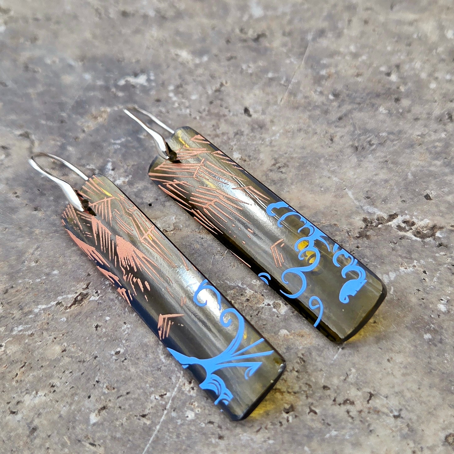 Wine Bottle Earrings | Mountain & Ocean Pattern | Sterling Silver