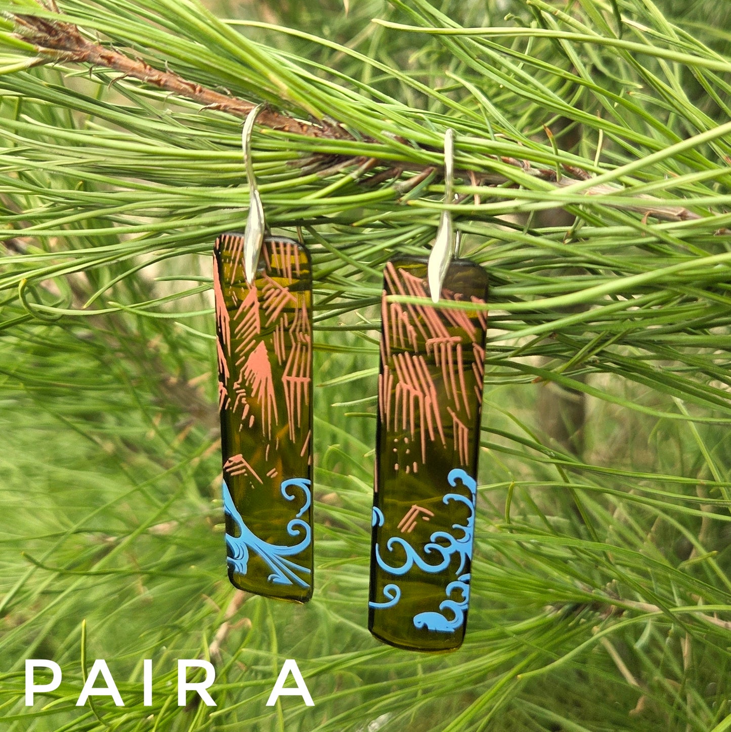 Wine Bottle Earrings | Mountain & Ocean Pattern | Sterling Silver