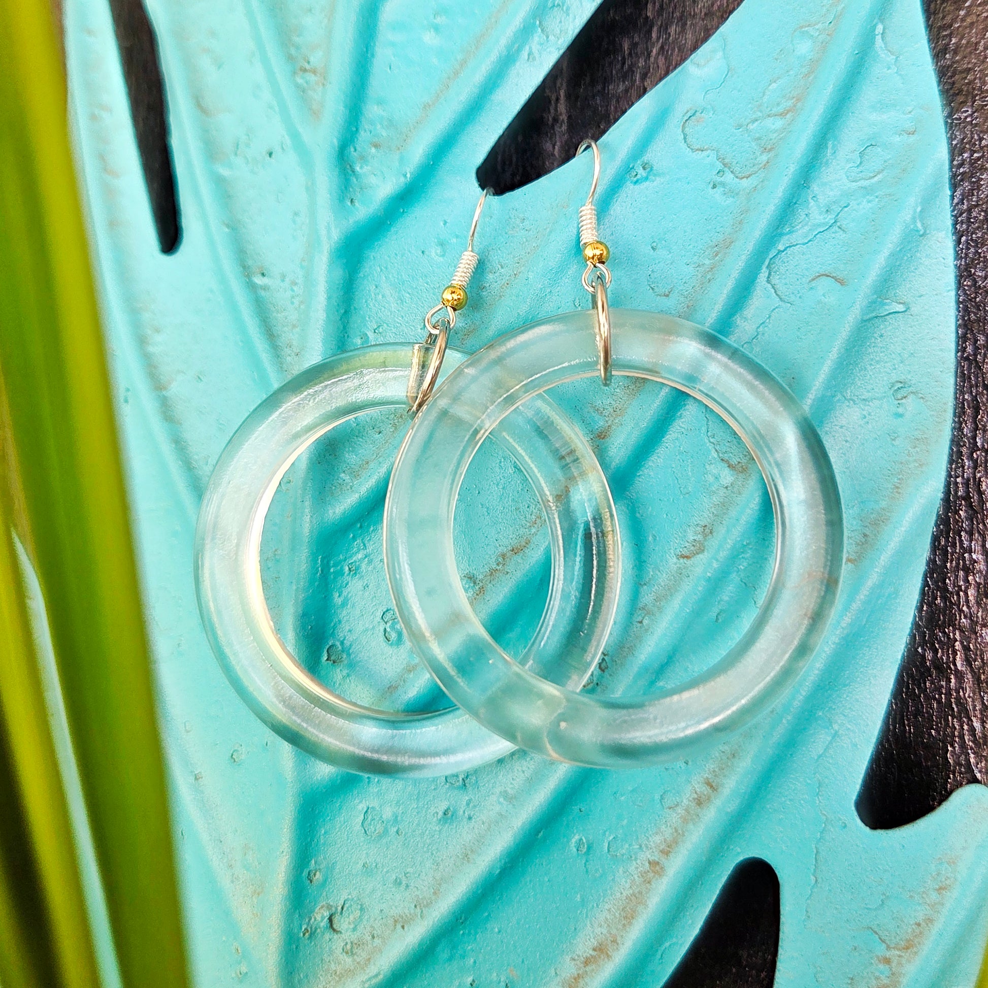 XL clear reclaimed glass hoop earrings handmade from milk bottle necks with silver-tone earwires and gold-tone bead accents