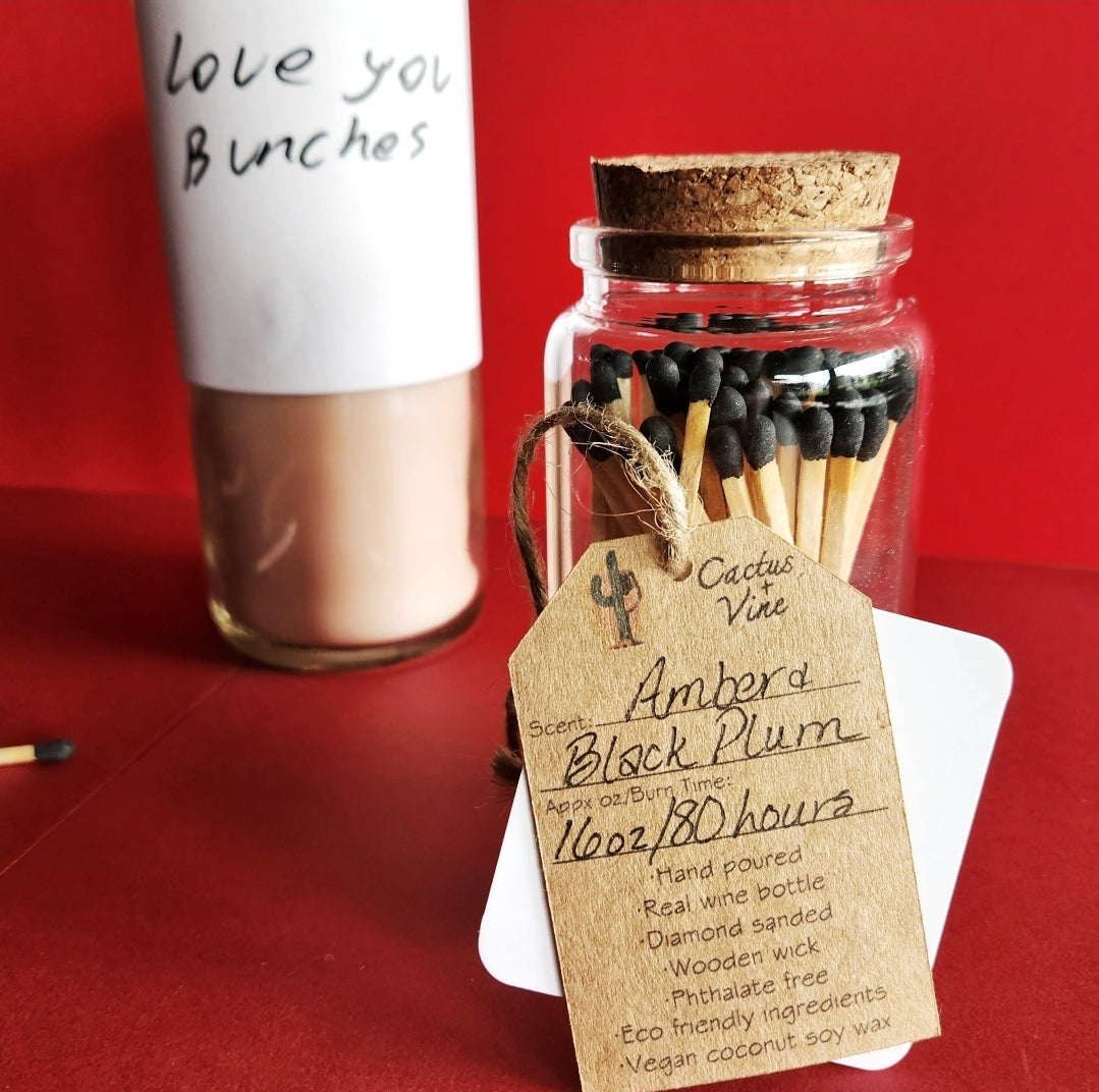 "Amber & Black Plum" Scented Candle in a Recycled "Love You Bunches" Wine Bottle